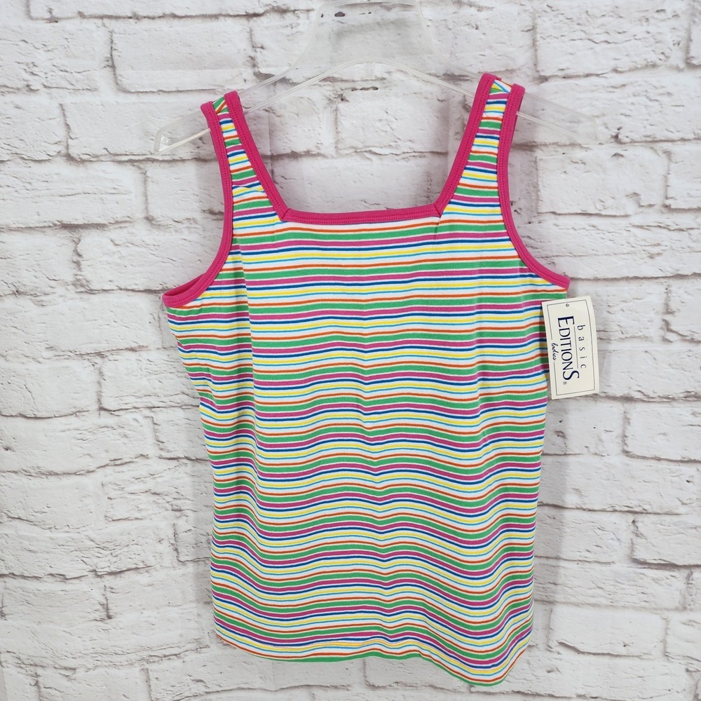 Vintage 90s Kidcore Tank Top Built In Bra Stripes Colorful Y2K Square Neck Large
